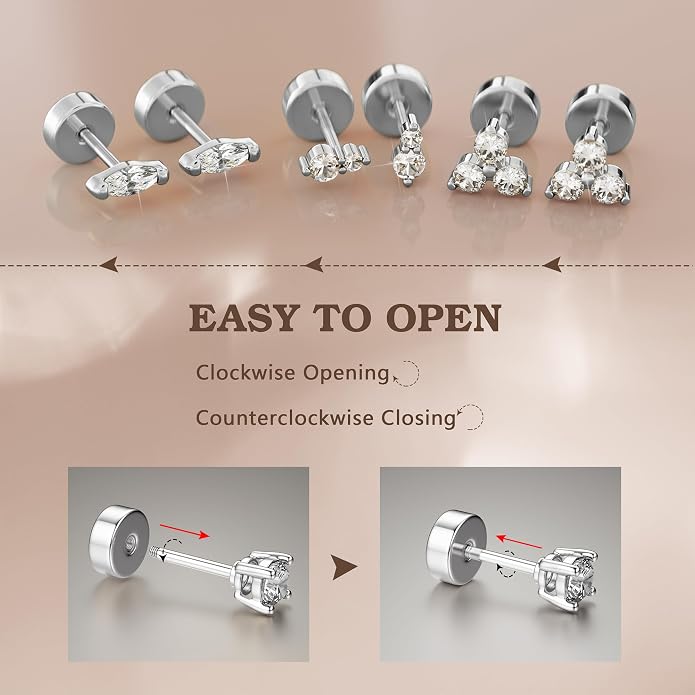 14K Gold Plated Solid 925 Sterling Silver Post Flat Back Earrings Stud | Cartilage Helix Conch Tragus Piercing Jewelry 3 Pairs Tiny Screw Dainty CZ Opal Earring Set Men Women
