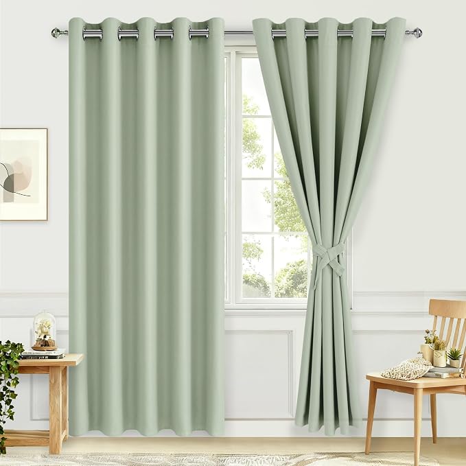 Hiasan Blackout Curtains for Bedroom, 60 x 84 Inches Long - Thermal Insulated & Light Blocking Window Curtains for Living Room/Kids Room, 2 Drape Panels Sewn with Tiebacks, Seafoam Green