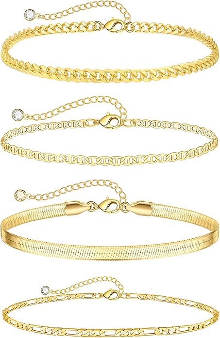 Rotnso Anklets for Women 14K Gold Silver Plated Ankle Bracelets Trendy Waterproof Boho Anklets Set Adjustable Dainty Cute Diamond Beaded Heart Non Tarnish Summer Beach Jewelry Gift