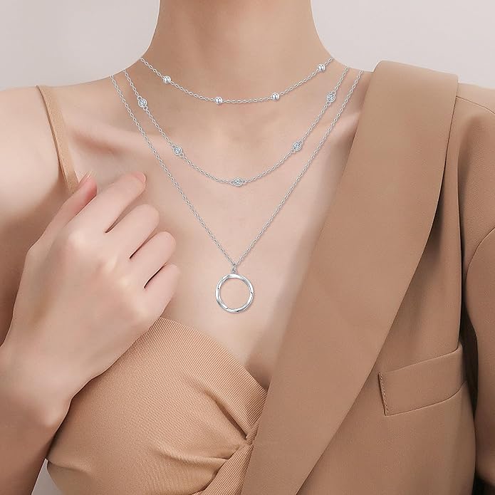Layered Choker Necklaces for Women S925 Sterling Silver Circle/Heart/Cross/Star Multi Layered Necklace Handmade Bead Chain Adjustable Jewelry for Birthday