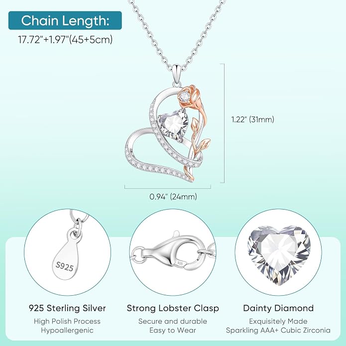 Rose Heart Birthstone Necklace for Women - Dainty 925 Sterling Silver Necklaces for Women Trendy CZ Pendant Necklace Jewelry Birthday Anniversary Christmas Gifts for Girlfriend Mom Lady Daughter