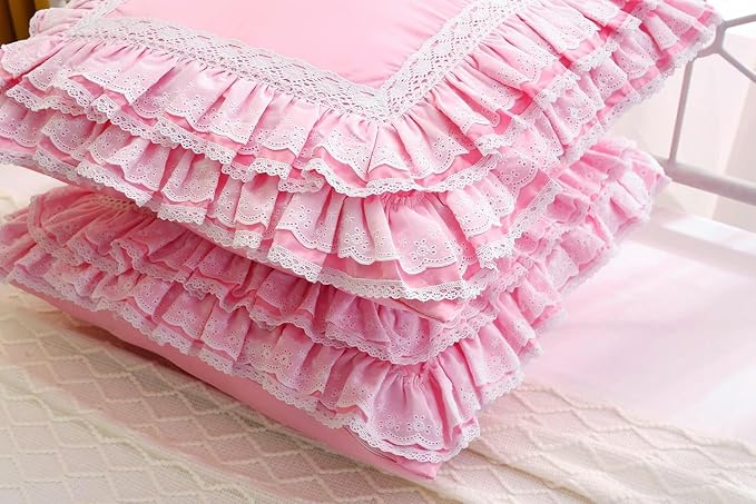 2-Pack Luxury Lace Pink Euro Shams Throw Pillow Covers Cushion Cases with Ruffles Cotton 26"X26" Zipper Closure Elegant