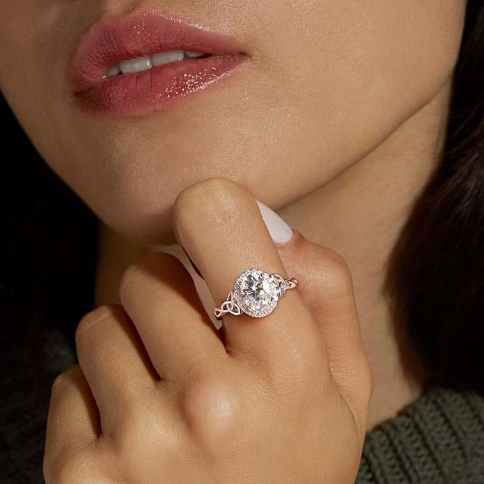 DAYBYDAY Celtic Birthstone Rings for Women 925 Sterling Silver Heart/Round/Pear/Oval Created Gemstone Moissanite Halo Engagement Promise Rings for Her Wife Birthday Anniversary Wedding Jewelry