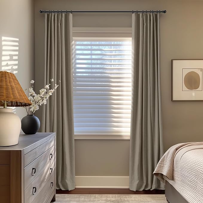 INOVADAY 100% Blackout Curtains for Bedroom, Faux Linen Black Out Curtains 84 Inch Long, Clip Rings Linen Blackout Drapes, Thermal Insulated Room Darkening for Living Room, 2 Panels - W50xL84