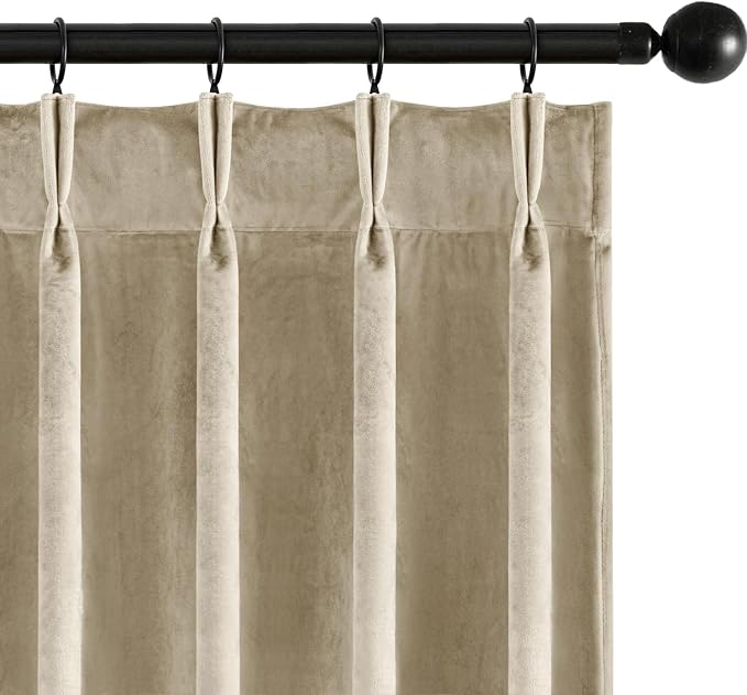 MIULEE Beige Velvet Curtains 108 inches Long, Pinch Pleated Blackout Drapes with Hooks, Thermal Insulated Pinch Pleat Panels for Bedroom Living Room, 2 Panels