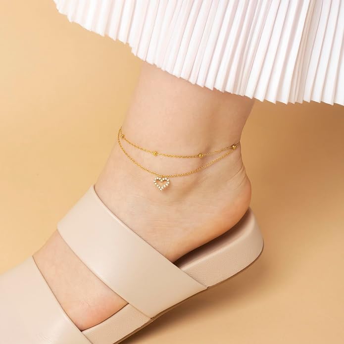 Amberta Silver Gold Waterproof Ankle Bracelets for Women | Boho Layered Anklets for Women | Summer Jewelry, Adjustable Ankle Chain Beaded Rope Heart