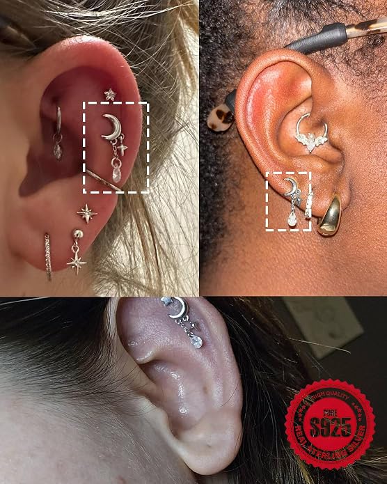 Sterling Silver 925 Flat Back Earring for Women Hidden Helix Piercing Jewelry 16G Star Moon Dangle Cartilage Internally Threaded Tragus Conch Stud Screw Cubic Zirconia Ear Ring