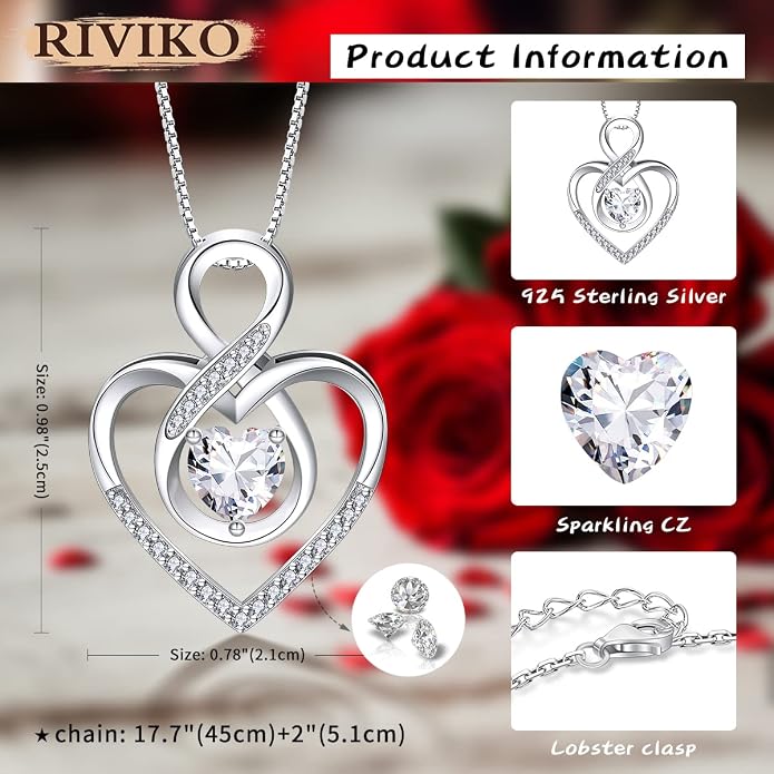 RIVIKO Infinity Heart Symbol Necklace for Women 925 Sterling Silver Love Heart Pendant Mothers Day Anniversary Birthday Christmas Jewelry Gifts for Women Mom Wife Sister Her Friends