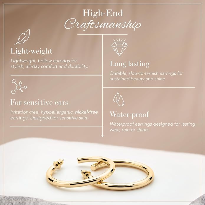 14K Gold-Plated, Lightweight, Open Hoop Earrings For Women