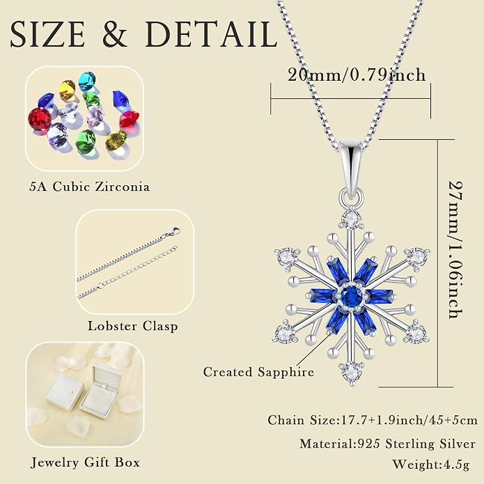 925 Sterling Silver Snowflake Necklace Birthstone Snowflake Pendant Necklaces for Women Cubic Zirconia Christmas Jewelry