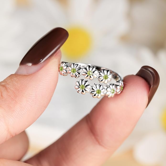 Dainty Daisy Ring for Women, S925 Sterling Silver Cubic Zirconia Sunflower Flower Ring For Daughter, I Think Of You Every Daisy Ring, Birthstone Flower Ring