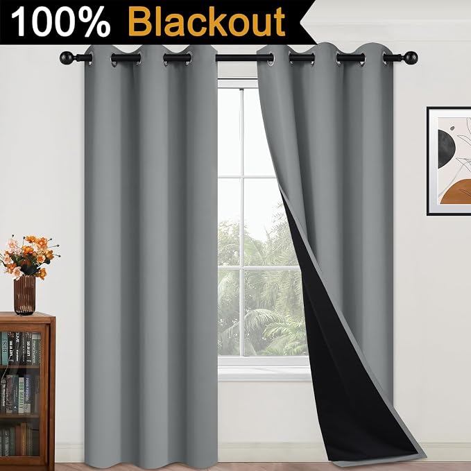 Yakamok Dove Grey 100% Blackout Curtains 84 Inches Long 42" Wide 2 Panel | Blackout Curtain Panels for Bedroom, 2 Thick Layers Grommet Top Thermal Insulated Drapes with Black Liner for Living Room