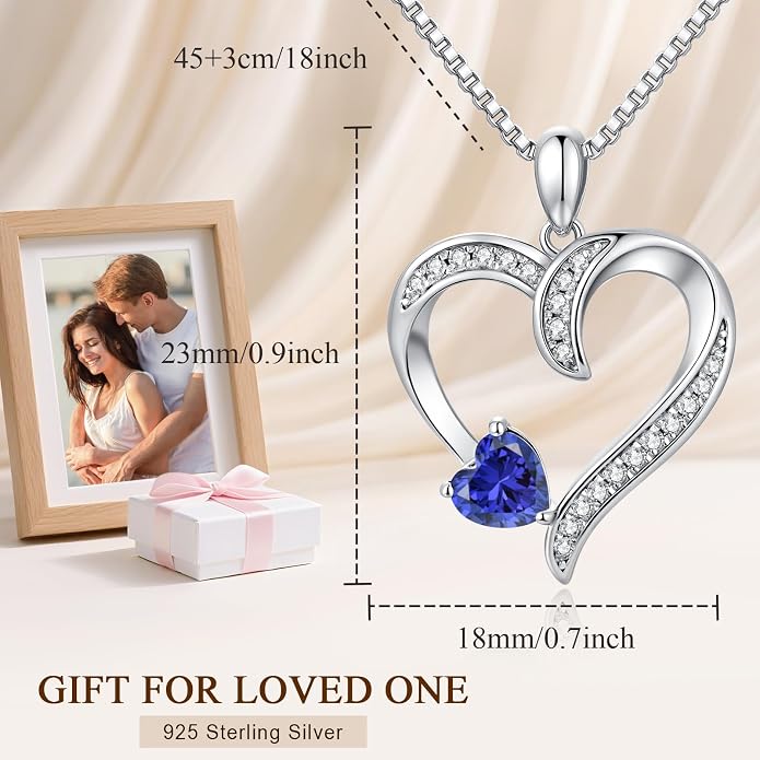 Love Heart Necklace for Women, 925 Sterling Silver Cubic Zirconia Birthstone Heart Pendant Jewelry Gift for Mom, Mother, Wife, Girlfriend on Birthday, Mother's Day, Chain 18 inch