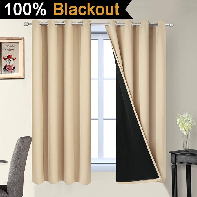 Yakamok Beige 100% Blackout Curtains 63 Inches Long for Bedroom 52" Wide | Blackout Curtain Panels for Bedroom, 2 Thick Layers Grommet Top Thermal Insulated Drapes with Black Liner for Living Room