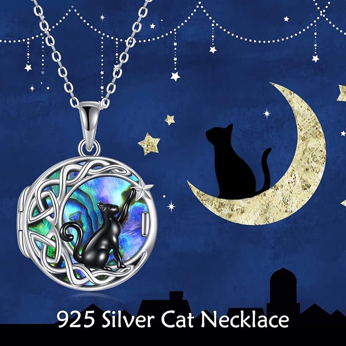 Celtic Moon Black Cat Necklace for Women - Abalone Tree of Life Sterling Silver Cat Lovers Jewelry