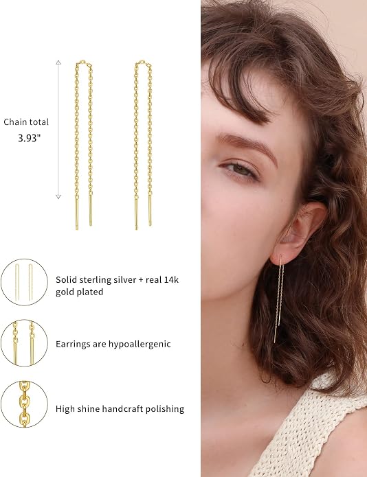 S.Leaf S925 Sterling Silver Threader Chain Earrings 18K Gold Plated Cubic Zirconia Dainty Dangle Double Piercing Long Drop Dangly Pull Through Tassel Chain Earrings Gifts for Women