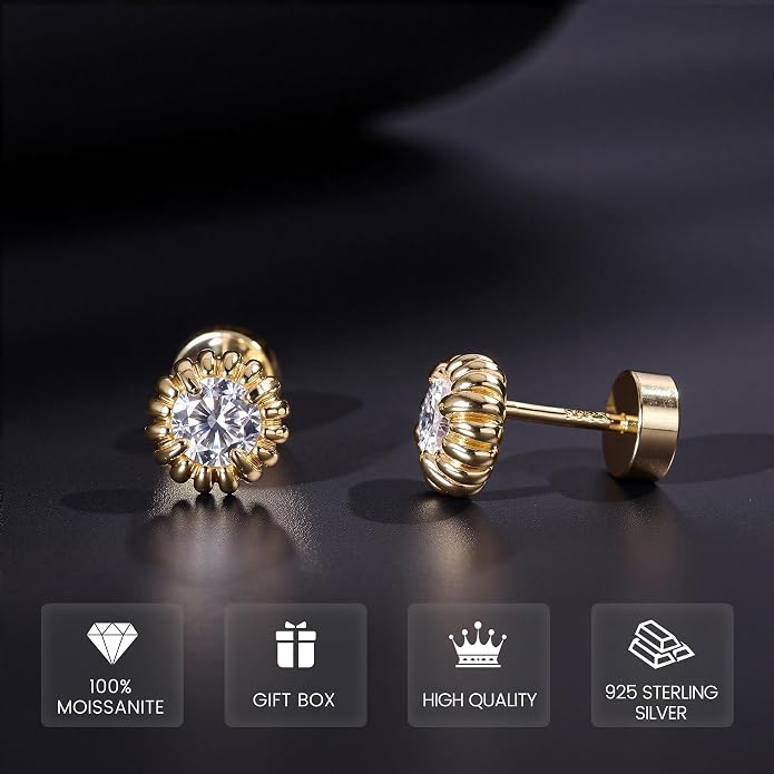 GEMQUEEN Moissanite Earrings Studs Flat Back Earrings Hypoallergenic - 14K Gold Plated Sterling Silver Earring for Women Men Small Dainty Cartilage Helix Piercing Jewelry D Color VVS1