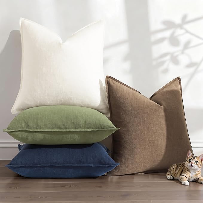 decorUhome Fall Light Brown Linen Throw Pillow Covers 16x16 Set of 2 | Decorative Soft Cozy Modern Farmhouse Boho Accent Pillow Cases with Flange Edges for Couch Bed Sofa Living Room Home Decor