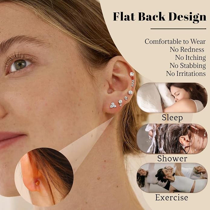 Senteria 6/8 Pairs Stainless Steel Stud Earrings for Women Hypoallergenic Flat Back Stud Earrings Tiny Stainless Steel Earring Small Cartilage Earring Set for Multiple Piercing