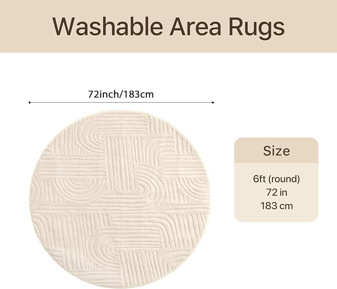 GENIMO Soft Round Rug 6ft, 3D Modern Arch Pattern Washable Area Rugs, High-Low Pile Non Slip Fuzzy Circle Living Room Rug, Non-Shedding Stain Resistant Beige Carpet for Bedroom, Dining Room, Nursery