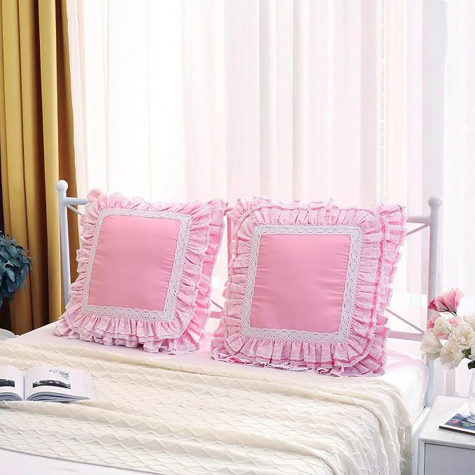 2-Pack Luxury Lace Pink Euro Shams Throw Pillow Covers Cushion Cases with Ruffles Cotton 26"X26" Zipper Closure Elegant