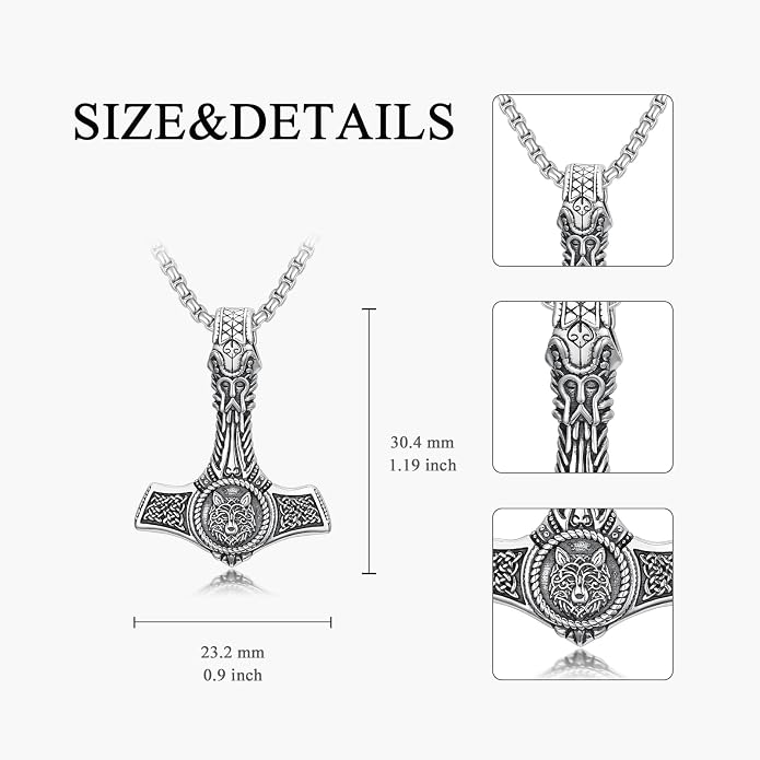 PROESS Thors Hammer Necklace Sterling Silver Celtic Knot Wolf/Lion/Raven Necklace Viking Mjolnir Pendant Jewelry for Men