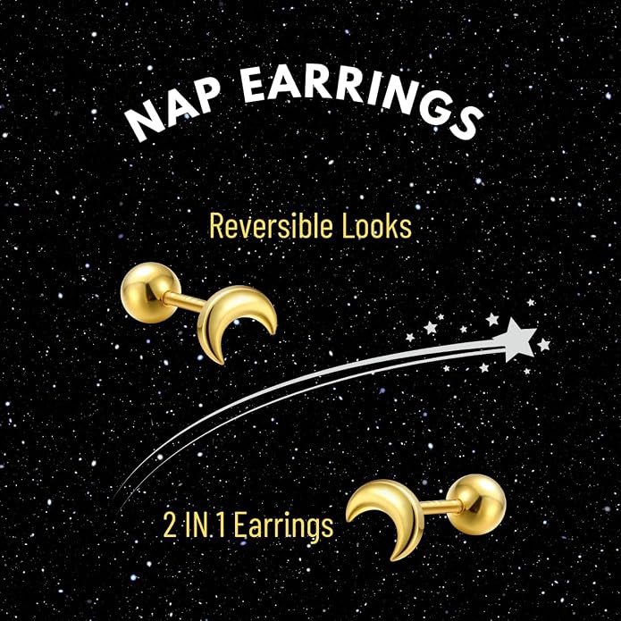 COSMO CARAT 14K Gold Plated Nap Earrings 925 Sterling Silver Star Moon CZ Stud Earrings Screw Back Hypoallergenic Celestial Tiny Cartilage Helix Second Piercing Earrings For Women