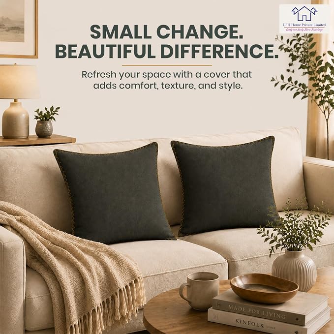 LFH Home Military Green Cotton Rich Throw Pillow Covers 18x18 Set of 2, Decorative Cushion Covers with Blanket Stitch Edge, Farmhouse Accent Pillow Cases for Sofa Couch Bed Living Room, 18 x 18 Inch