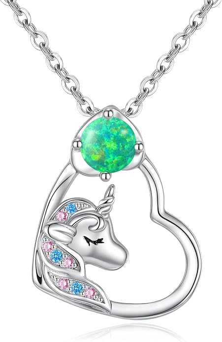 CDE Christmas Gift for women Cute Unicorn Birthstone Necklace for Girls Daughter 925 Sterling Silver Opal Heart Pendant Graduation Birthday Christmas Jewelry Gift for Teenage Girls Niece