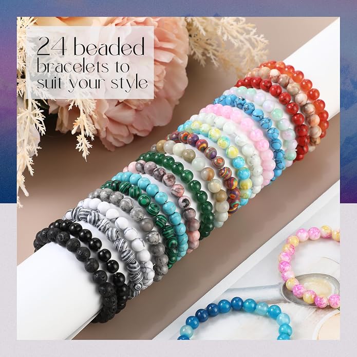 Landical 24 Pcs Gemstones Beaded Bracelets Bulk for Women Men 8mm Stretch Round Semi Precious Stone Bracelets Set