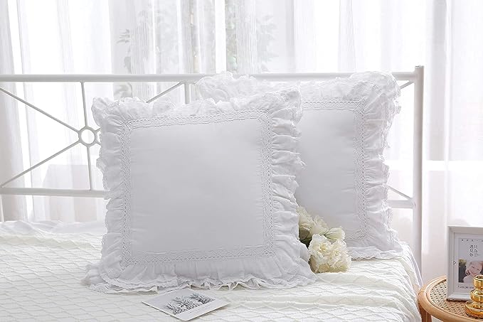 White Lace Throw Pillow Covers Euro Shams Cushion Cases with Ruffles Cotton 24"X24" Zipper Closure Luxury Elegant 2-Pack