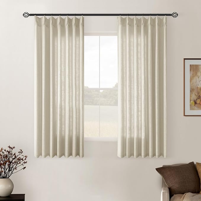 Linen Beige Pinch Pleated Semi Sheer Short Curtains 45 Inch Length 2 Panels | for Kitchen Small Bay Window Basement, Pinch Pleated with Hooks Rings Back Tab, Memory Shape, Thick Linen Semi Sheer, W40xL45