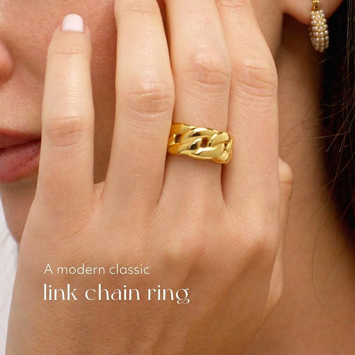 Chunky Statement Rings for Women, Wide Signet Dome Croissant Twist Band Non-Tarnish 18k Gold Plated Stainless Steel Size 5-11