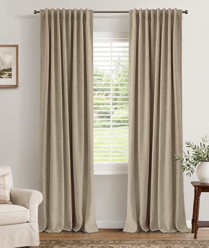 INOVADAY 100% Blackout Curtains 84 Inches Length 2 Panels Set, Back Tab/Rod Pocket Linen Black Out Curtains for Bedroom, Thermal Insulated Window Drapes - Earthy Beige, W50 X L84