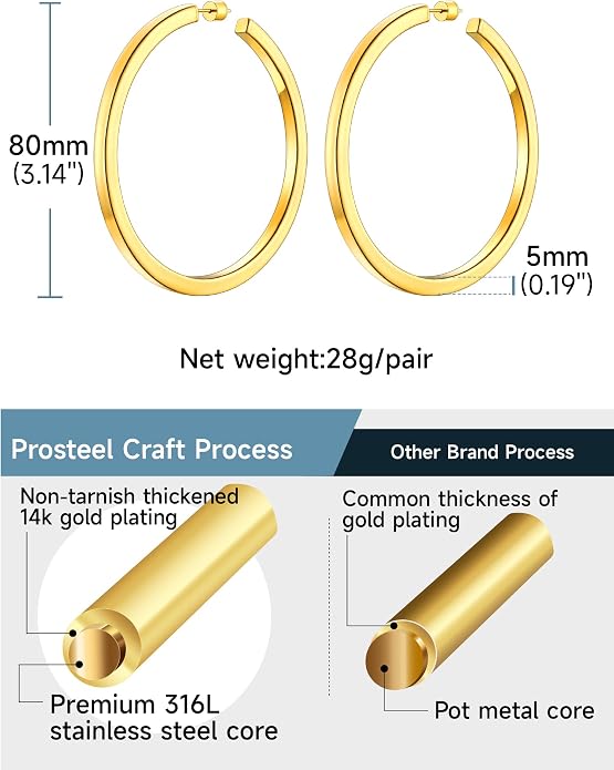 Stainless Steel Chunky Hoop Earrings For Women, Minimalist and Chic, Black/Gold Plated, Round Hoops Earrings Hypoallergenic, Size: 30mm/40mm/60mm/80mm, Come with Box