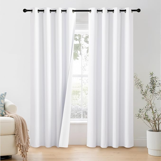 NICETOWN 100% Blackout Window Curtain Panels 86 inch Length for Living Room, Set of 2, Snow White, 55 inches Wide, Thermal Insulated Drapes