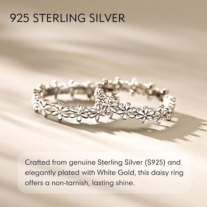 925 Sterling Silver Rings for Women Daisy Flower Stack Rings，Sterling Silver Hypoallergenic Fade-Resistant，Non Tarnish Statement Ring Fashion Marriage Band Sunflower Stacking Ring Jewelry Gift for Women