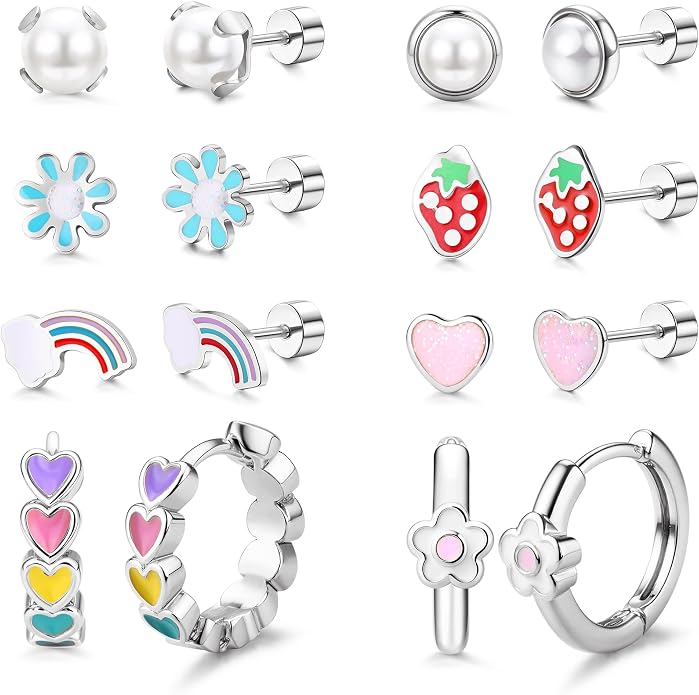 Florideco Hypoallergenic Earrings for Women 316 Surgical Steel Earrings for Sensitive Ears Cute Small Daisy Hoop Earring Heart Flower Strawberry Rainbow Flat Back Earring Sets