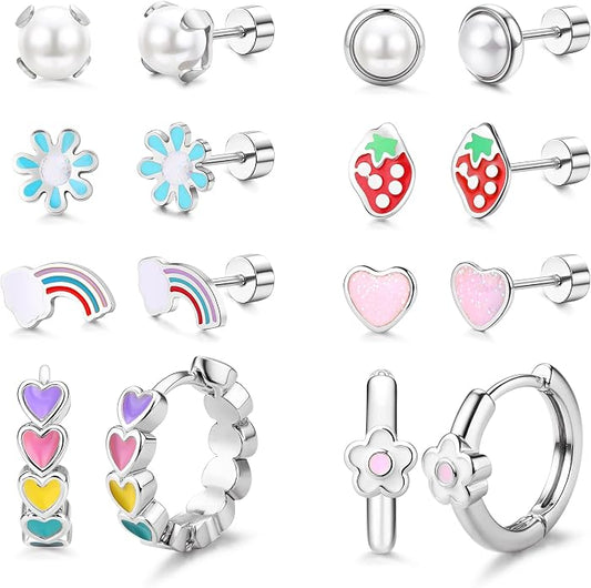 Florideco Hypoallergenic Earrings for Women 316 Surgical Steel Earrings for Sensitive Ears Cute Small Daisy Hoop Earring Heart Flower Strawberry Rainbow Flat Back Earring Sets