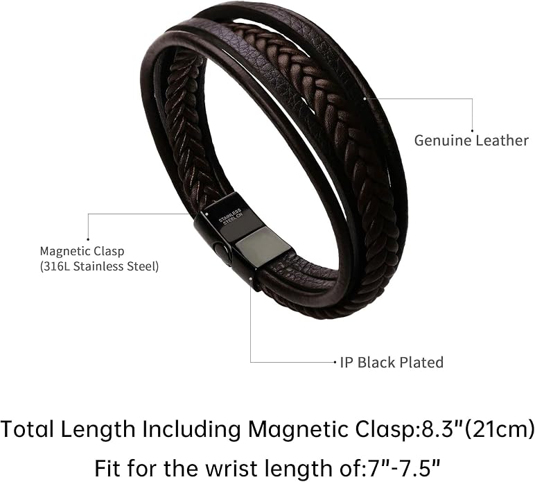 murtoo Mens Leather Bracelet with Clasp Cowhide Multi-Layer Braided Leather Mens Bracelet