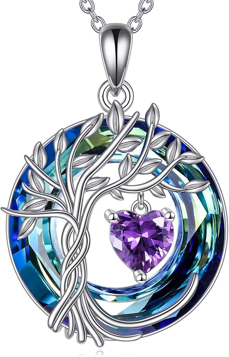 POPLYKE Mothers Day Gifts for Mom Her Wife Tree of Life Necklace 925 Sterling Silver Birthstone Pendant with Crystal Anniversary Birthday Wedding Jewelry for Women