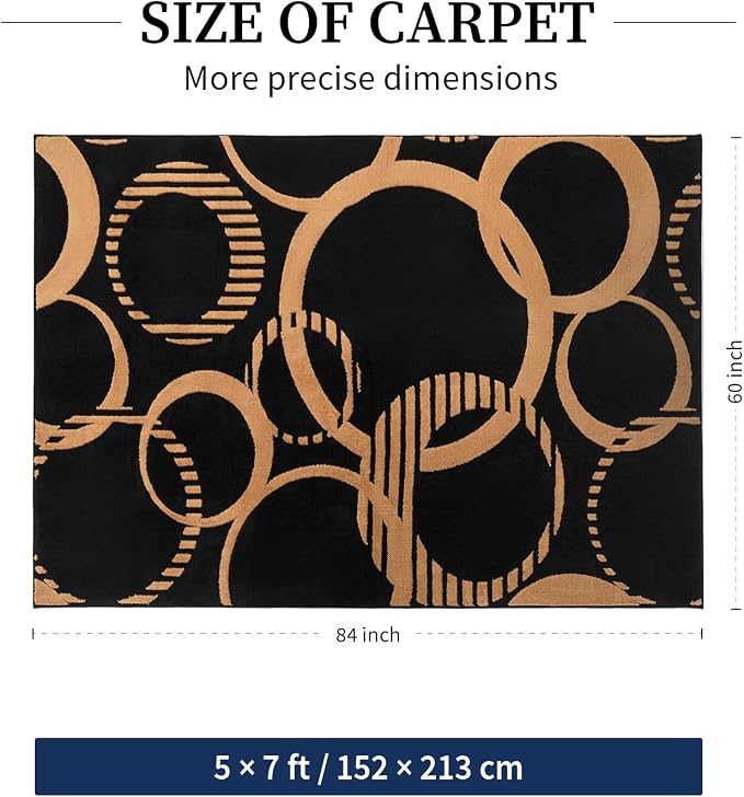 YIHOUSE Black and Gold Washable 5x7 Area Rugs for Living Room Non Slip | Modern 3D Textured Rug for Bedroom Entryway, High and Low Pile, Soft Carpet for Dining Room Playroom Home Office Decor