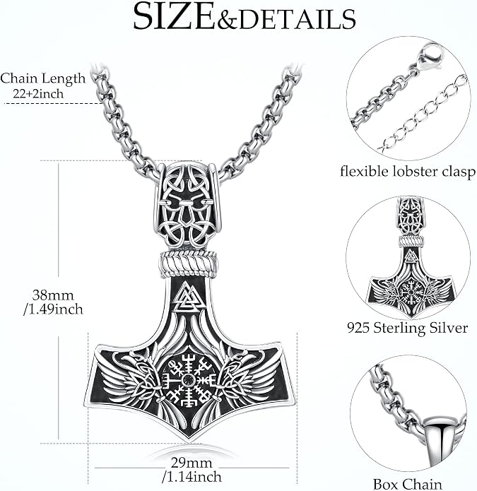 Thors Hammer Necklace - Viking Mjolnir Necklace Nordic Vegvisir Valknut Symbol Pendant 925 Sterling Silver Norwegian Amulet Jewelry Gift for Men Women