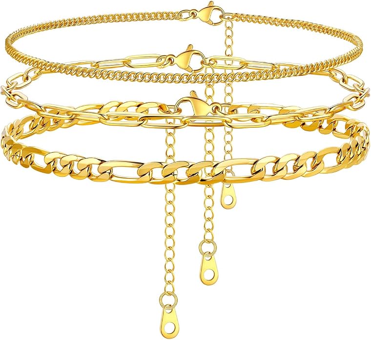 U7 2Pcs/3Pcs Ankle Bracelets for Women, Stainless Steel Cuban Link/Figaro/Rope/Heart Chain Anklets Sets,Waterproof Layered Anklets Adjustable 8.5"-10.5"