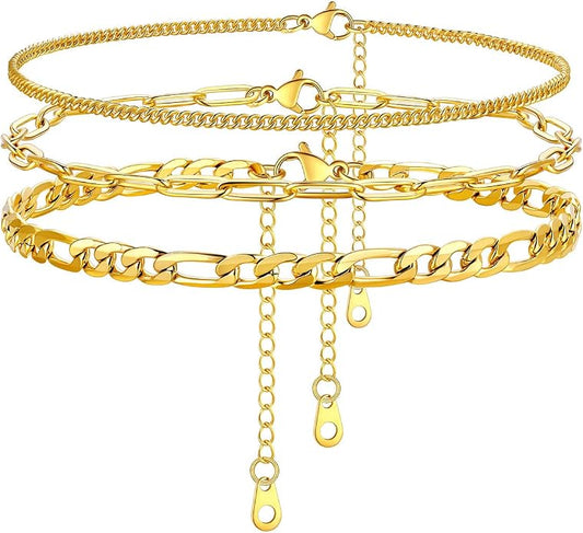 U7 2Pcs/3Pcs Ankle Bracelets for Women, Stainless Steel Cuban Link/Figaro/Rope/Heart Chain Anklets Sets,Waterproof Layered Anklets Adjustable 8.5"-10.5"