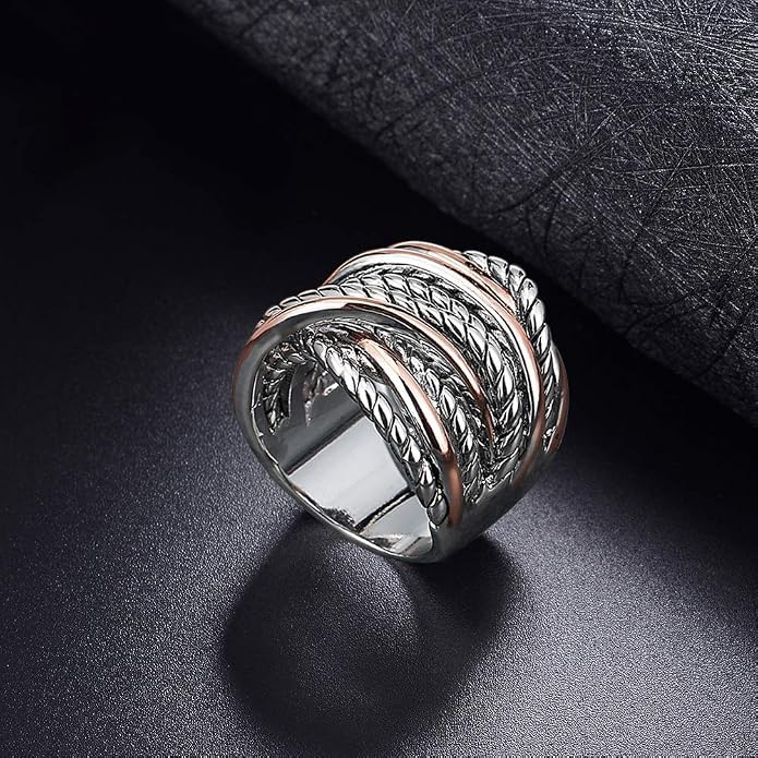 Mytys Wide Band Rings Twisted Rope Ring Two-Tone Mixed Metal Braided Statement Rings Fashion Jewelry for Women