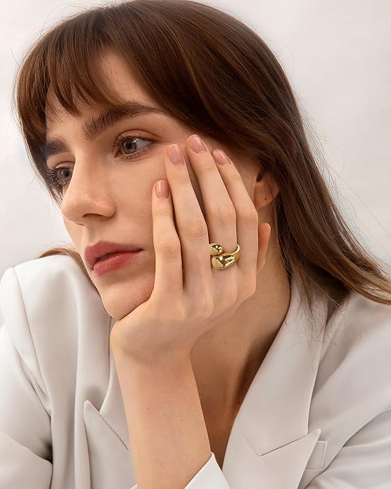 WOWORAMA Chunky Teardrop Rings for Women Silver Gold Bypass Dome Rings Thick Statement Open Adjustable Rings Simple Waterdrop Stackable Band Rings