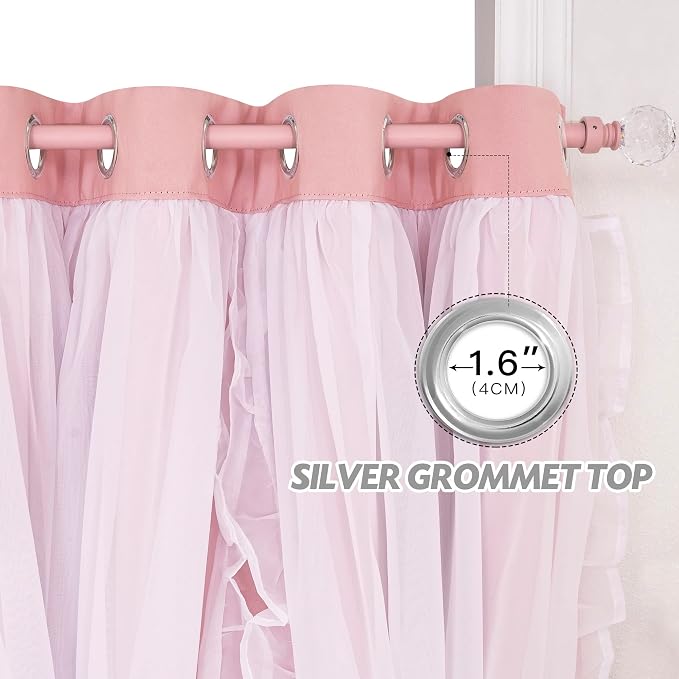 PONY DANCE Pink Blackout Curtains for Nursery, Double Layer Bow Curtains with Ruffle Sheer Overlay for Girls Bedroom, Cute Shabby Chic Kids Toddler Room Decor Drapes Coquette Style, 52x84 inch, 2 PCs