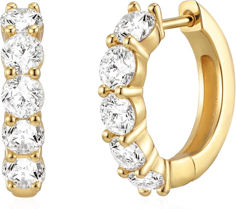 ASHINE 14K Gold Plated 925 Sterling Silver Post Pave Cubic Zirconia Hoop Cuff Huggie Earrings Jewelry for Women Girls