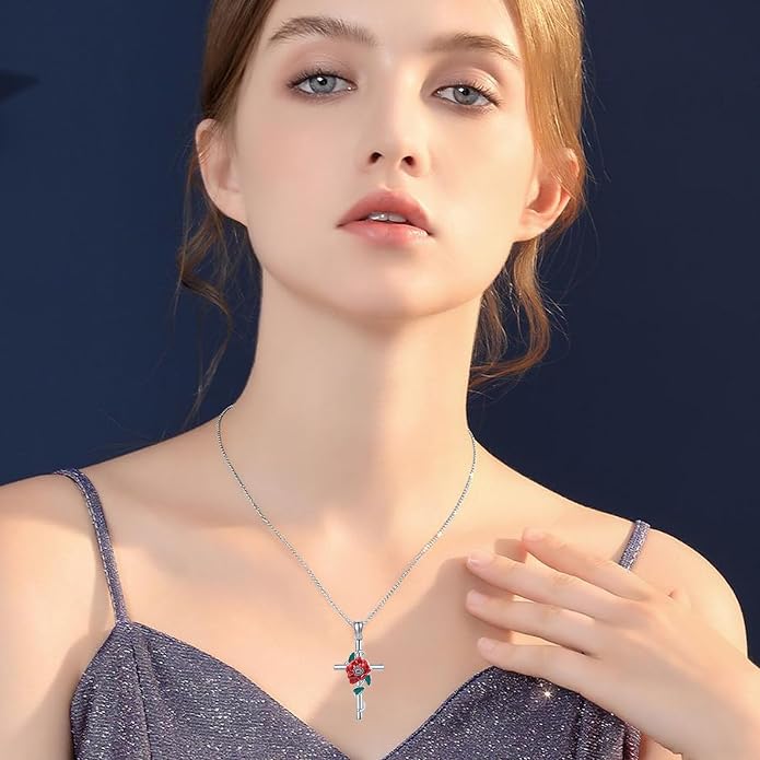 Flower Cross Necklace 925 Sterling Silver Carnation/Rose/Lily/Daisy Cross Necklace Birth Flower Jewelry for Women